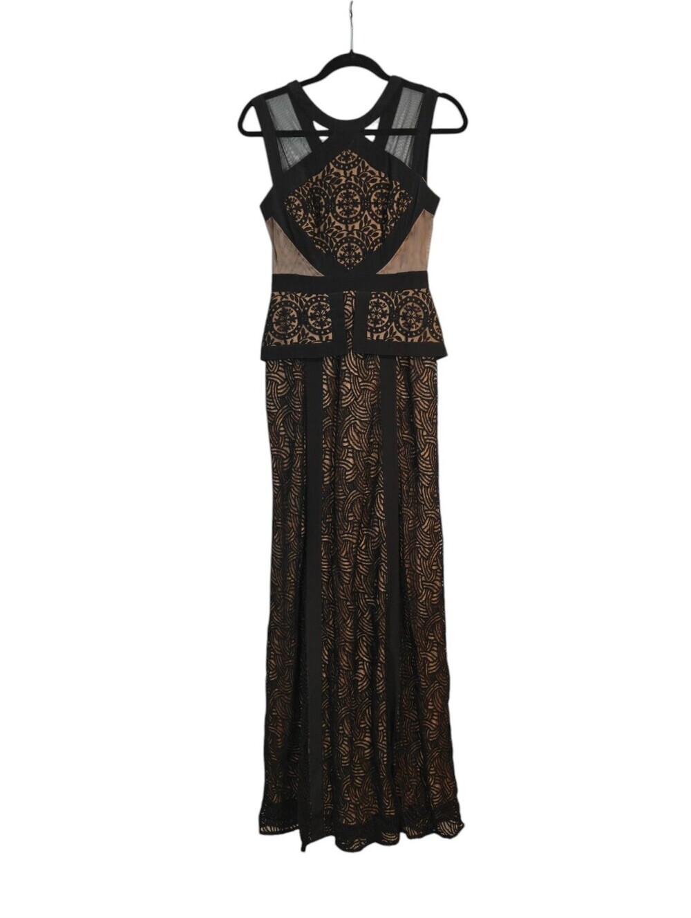BCBGMAXAZRIA Viviana Illusion Lace Peplum Formal Gown In Black Size 02